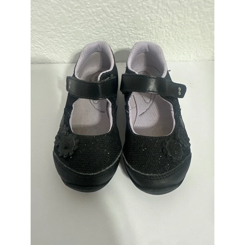 Surprize by Stride Rite Katelyn Black Glitter Flower Mary Jane Shoes Kids Size 8